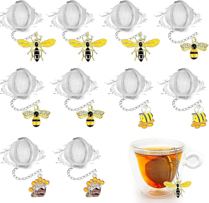 10 Pcs Mesh Tea Infuser,Stainless Steel Tea Ball Filters with Honey Bee Pendant Handmade Tea Steeper Strainer Tea Diffuser with Bee Charms for Loose Leaf Tea