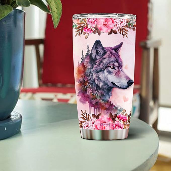 Wolf Tumbler 20oz Cute Animal Gift for Women, Girls Who Freaking Love Wolves Lovers Moon Flowers Perfect Birthday Christmas Valentine Wife Daughter Insulated Stainless Steel Coffee Cup with Lid