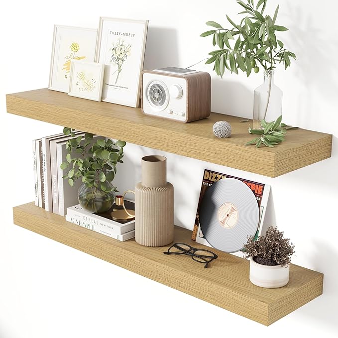 Heimlove 36 Inch Floating Shelves for Wall 8 Inch Deep Oak Shelves Set of 2,Wall Mounted Rustic Wood Long Floating Shelf with Invisible Brackets for Bedroom Kitchen Living Room