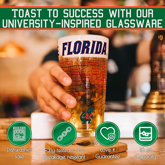 Greenline Goods – University of Florida Gators College Pint Beer Glasses (Set of 2), 16 oz – Full-Color Logo + Campus Map
