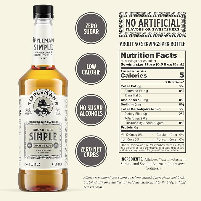 Tippleman's Sugar Free Simple Syrup - Zero-Sugar Allulose Skinny Sweetener - Perfect for Drinks, Cocktails, Coffee, Espresso - Fits Pump - 750ml