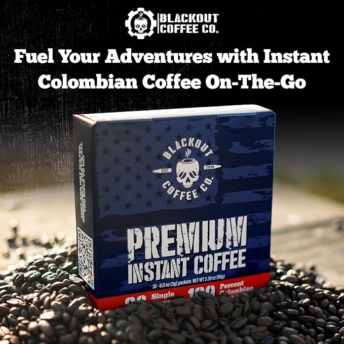 Blackout Coffee Colombian Arabica Instant Coffee – Medium Roast, Strong Aromatic, Single Serve Packets – Premium Quality 32 Count.