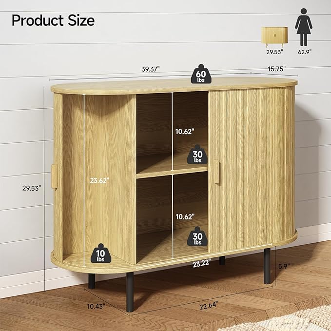 ONBRILL 40" Sideboard Buffet Cabinet with Storage, Storage Cabinet with Sliding Door & Adjustable Shelf, Modern Accent Coffee Bar Console Table for Kitchen, Entryway, Oak