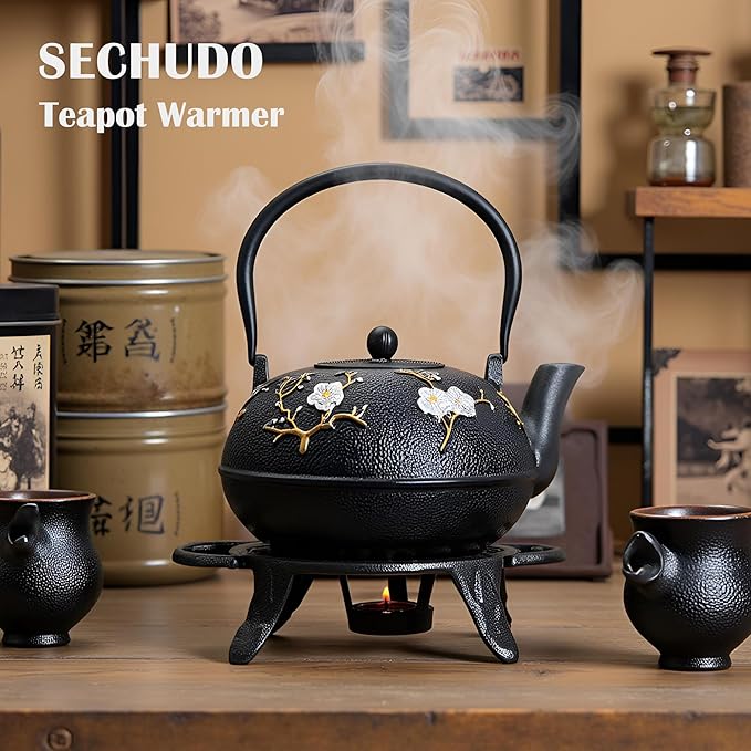 Cast Iron Tea Set with Cast Iron Warmer, Japanese Tetsubin 60.9oz Large Teapot Set with Infuser for Loose Tea, Heavy Tea Kettle for Stovetop Safe, Asian Elegant Durable Teaset Gift