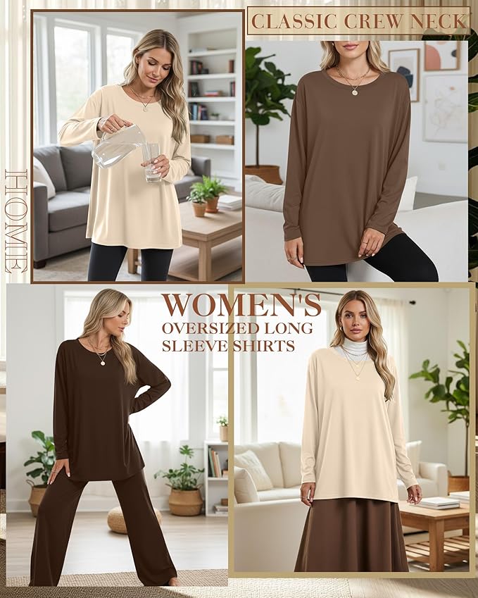 Ficerd 3 Pack Women's Oversized Long Sleeve Shirts Cotton Gym Round Neck Tops Loose Fit Casual Workout Baggy Fall Basic Tee