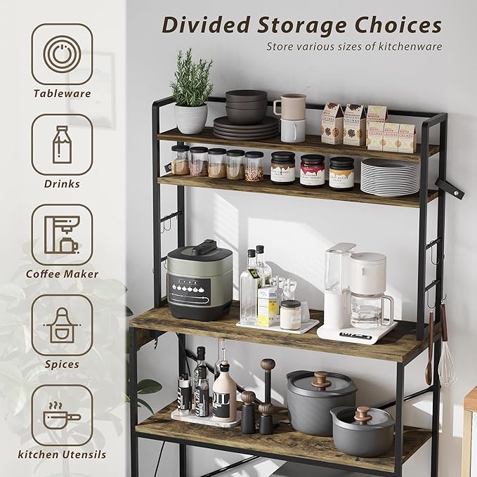 JUMMICO Backers Rack with Power Outlet, 39.4" W Kitchen Microwave Stand with 8 S-Shaped Hooks, 5 Tiers Coffee Bar Station Storage Shelf for Spices, Pots, Rustic Brown