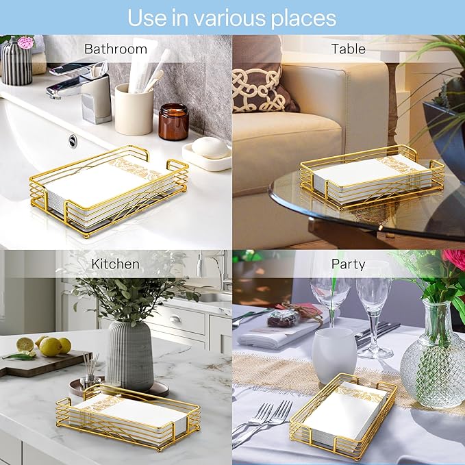 Gold Guest Towel Holder Tray for Bathroom – Countertop Napkin Organizer for Disposable Paper Towels, Elegant Hand Towel Rack for Powder Room, Modern Guest Bathroom Accessories