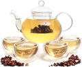 Moss & Stone Glass 27oz Tea Kettle Infuser & 4 Tea Cups Gift Set, Borosilicate Glass Teapot With Removable Glass Strainer & Teacups Of 2.7 oz, Teapot With Strainer Microwave Safe Tea Maker