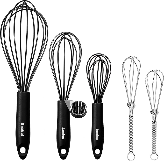 Anaeat Kitchen Whisk Set of 5, Perfect for Non-Stick Cookware, Egg Beater Milk Blender for Whisking, Cooking, Baking - 5"+7" Mini Wire Whisk and 9''+11''+12'' Silicone Balloon Whisks (Black)