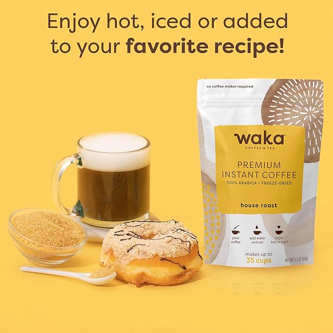Waka Premium Instant Coffee Pouch — 100% Arabica Freeze Dried Beans — For Hot or Iced Coffee (3.5 Ounces, House Roast)