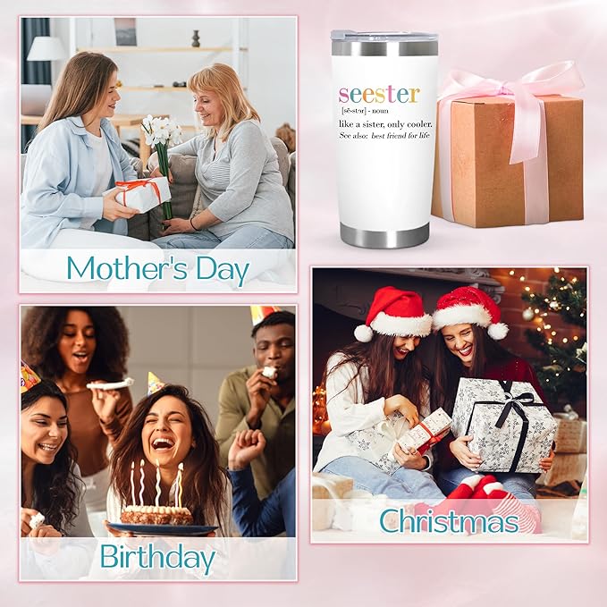 TEEZWONDER Christmas Sister Gifts for Women - Seester 20 oz Stainless Steel Insulated Coffee Tumbler with Lid - Big Sister Birthday Gifts for Girls, Graduation Gift for Her Women