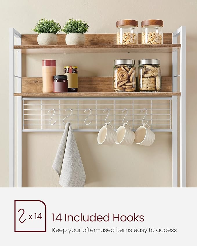 VASAGLE Bakers Rack with Power Outlet, Microwave Stand, Kitchen Tall Utility Storage Shelf, with Metal Wire Panel, 14 Hooks, 15.7 x 31.5 x 66.9 Inches, Rustic Walnut and Cloud White UKKS025W41