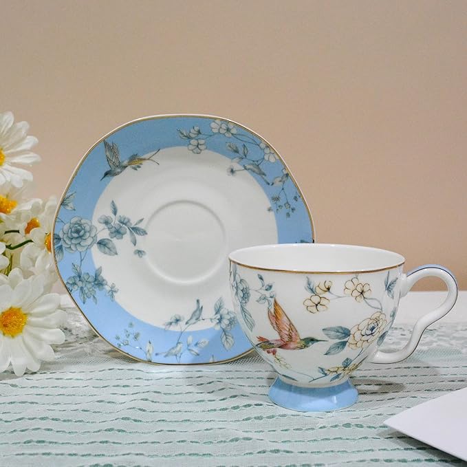Bone China Tea Cup and Saucer Set, Bone China Coffee Cups and Saucers, Vintage Blue and White TeaCups snd Saucers Gift for Mom Friend Tea Party (light blue)