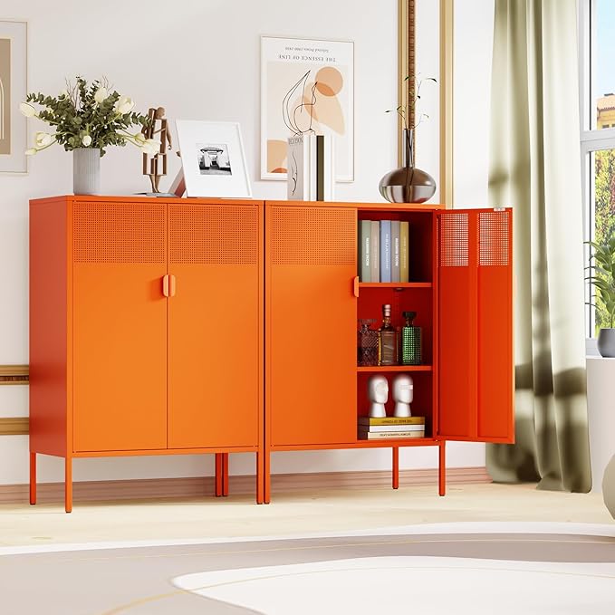 Metal Storage Cabinet,Kitchen Pantry Storage Cabinet,Metal Sideboard with 2 Doors and 2 Adjustable Shelves,Orange Locker Cabinet for Home,Bathroom,Hallway,Office,Dining Room