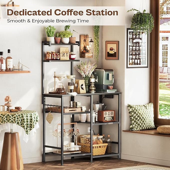 Huuger 31.5 Inch Bakers Rack with Power Outlets, Kitchen Microwave Stand with Storage, Coffee Bar with 4 Hooks, 3-Level Height Open Shelves, Black