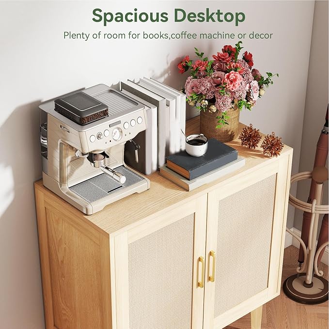 Bigroof Rattan Cabinet, Modern Accent Buffet Cabinet with Magnetic Doors, Sideboard Buffet for Hallway, Entryway, Living Room, or Kitchen (Natural)