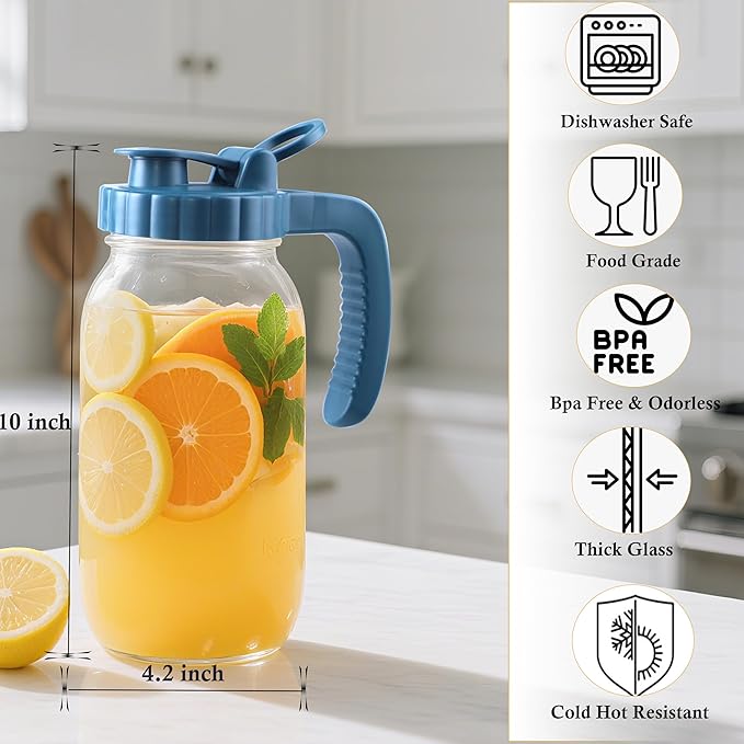 Half Gallon Glass Pitcher With Lid 64 Oz Wide Mouth Mason Jar Cold Hot Water Pitcher 2 Quart Sun Tea Glass Jar For Outside For Fridge Lemonade, Beverage,Milk,Juice, Cold Brew Iced Tea Container