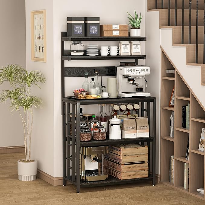 Adjustable Bakers Rack with Power Outlet,Coffee Bar Station with Led Lights,Microwave Stand with Storage,5-Tier Kitchen Shelf,Kitchen Storage Rack for Spices, Pots and Pans,Rustic Brown,Black