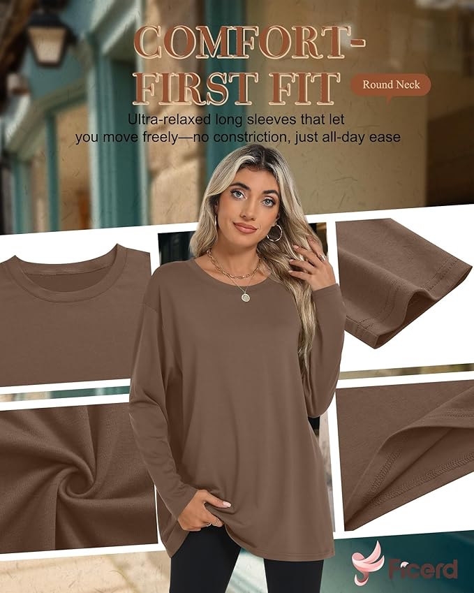 Ficerd 3 Pack Women's Oversized Long Sleeve Shirts Cotton Gym Round Neck Tops Loose Fit Casual Workout Baggy Fall Basic Tee