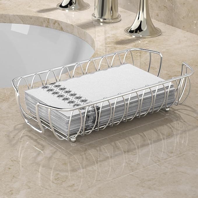 Silver Guest Towel Holder Tray for Bathroom – Napkin Organizer for Disposable Paper Towels, Hand Towel Rack for Countertop, Modern Holder for Guest Bathroom Essentials and Powder Room