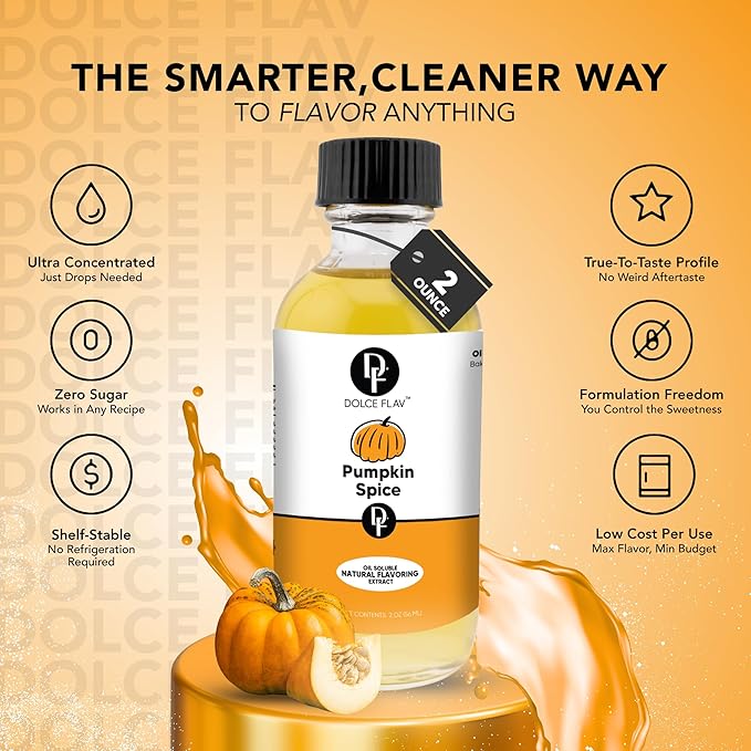 Dolce Flav Natural Pumpkin Spice Extract – 8 Ounce Oil-Soluble Kosher, Sugar-Free, Concentrated Warm Pumpkin Spice Flavoring for Baking, Smoothies & Desserts