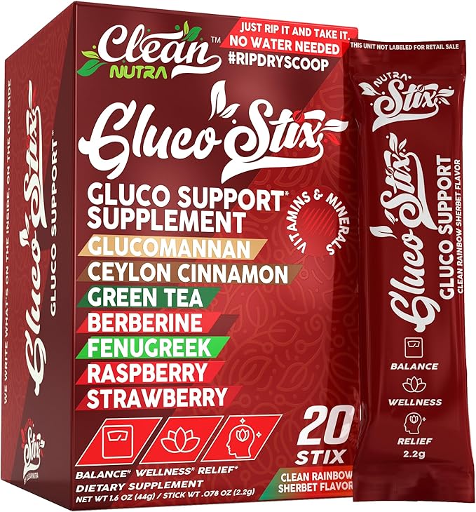 Clean Nutraceuticals Ceylon Cinnamon Powder, Green Tea Extract, Glucomannan, Berberine Supplement, Chromium Picolinate, Apple Cider Vinegar – Rainbow Sherbet Powder Sticks - 20 Count