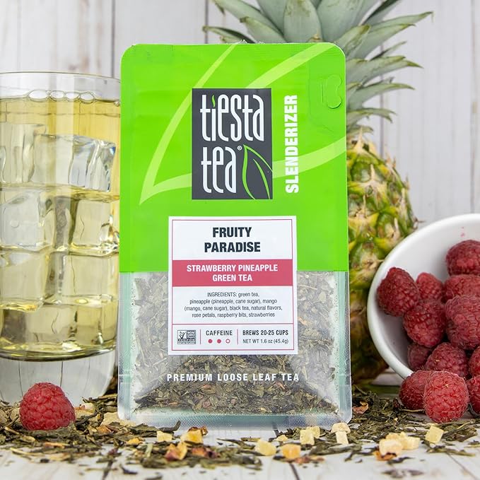 Tiesta Tea - Fruity Paradise, Strawberry Pineapple Green Tea, Premium Loose Leaf Blend, Tropical Fruit Flavor, Medium Caffeinated, Hot or Iced, 20-25 Cups, 9.6oz Resealable Pouch, Pack of 6