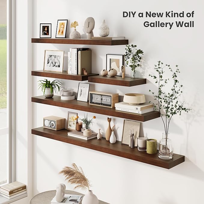 Fun Memories Wood Floating Shelves Set of 2, Rustic Pine Wood Floating Shelves for Wall Mounting, Wide Wall Shelf for Home Decor and Storage, 16" W x 7" D, Walnut