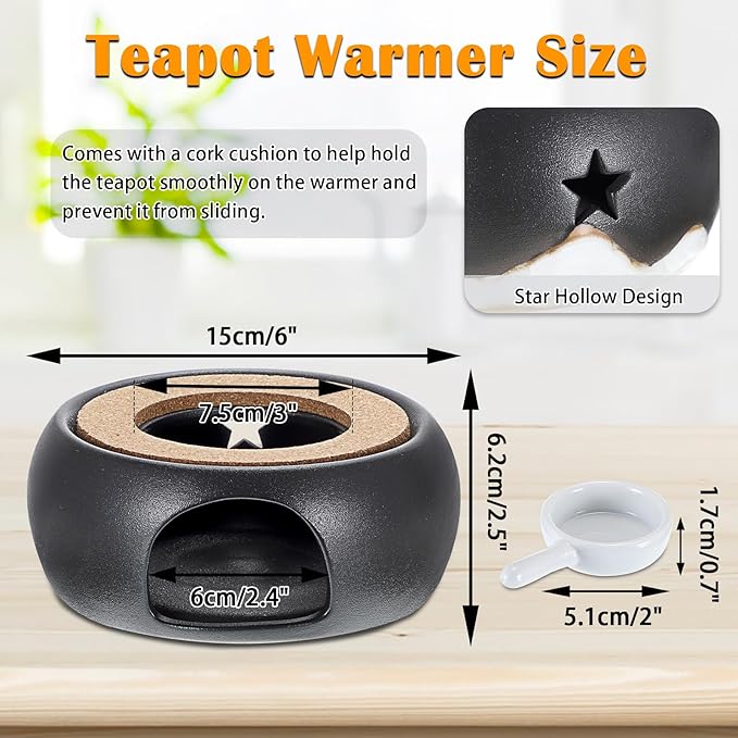 BSTKEY Teapot Warmer, Ceramic Tea Warmer with Tealight Holder and Cork Cushion, Teapot Heater for Heating Coffee Milk Tea (Black, Star Style)