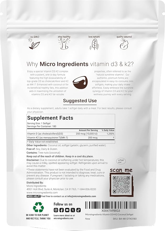 Micro Ingredients Vitamin D3 10,000 IU + K2 MK-7 200 mcg, 180 Softgels | Virgin Coconut Oil | 2-in-1 Bone, Immune & Heart Support | Easy to Swallow, Non-GMO
