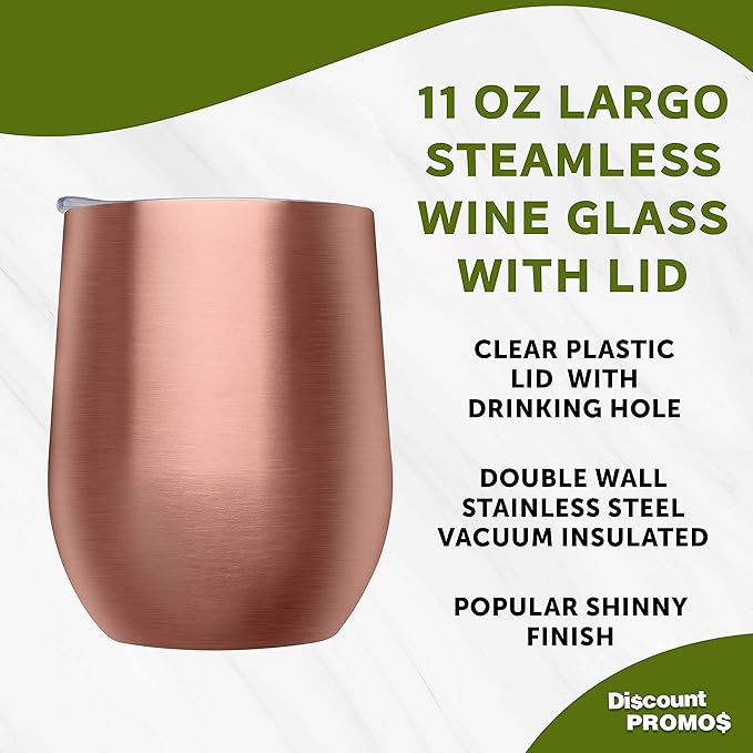 DISCOUNT PROMOS Stemless Wine Glass Tumblers with Lids by Largo 11 oz. Set of 6, Bulk Pack - Perfect for Wine, Cocktails, Other Hot & Cold Beverages - Rose Gold