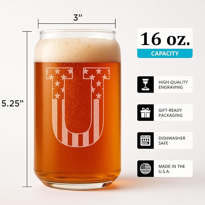 Monogram Beer Glasses for Men (A-Z) 16 oz - Beer Gifts for Men Brother Son Dad Neighbor - Unique Gifts for Him - Personalized Drinking Gift Beer Glass Mugs - Engraved Beer Can Glass (U)