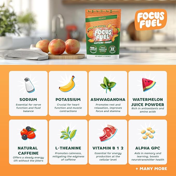 FocusFuel Energy Chews – Peach Flavor (15 Servings) – 100mg Caffeine + Alpha GPC+ L-Theanine + B12, Magnesium – Smooth Focus & Energy – No Crash or Jitters
