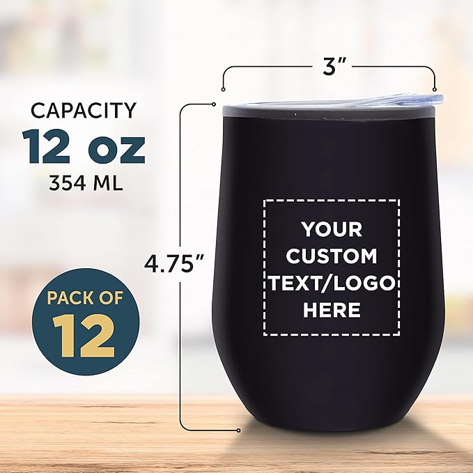 Custom Stemless Wine Tumblers 12 oz. Set of 12, Personalized Bulk Pack - Insulated, Perfect for Wine, Cocktails, Other Hot & Cold Beverages - Black