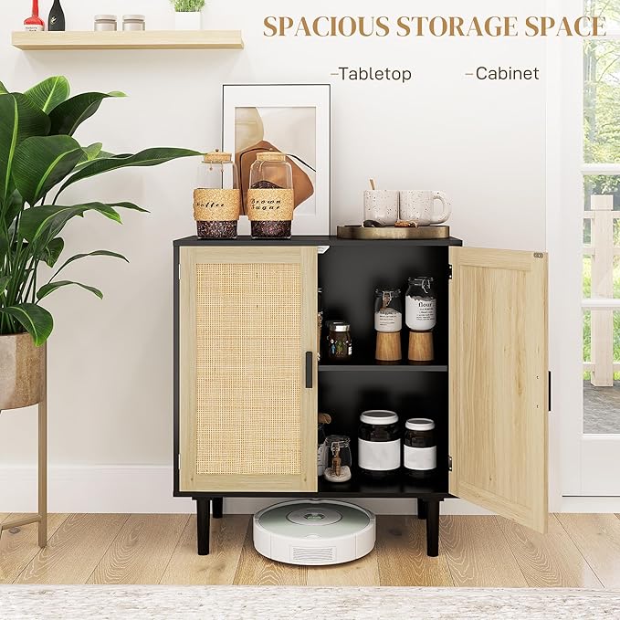 HOMCOM Sideboard Buffet Cabinet, 32" Boho Buffet Table, Rattan Coffee Bar Cabinet with 2 Doors and Shelves for Kitchen, Living Room, Entryway, Black