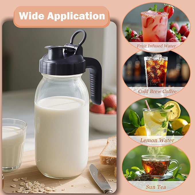 Mason Jar Pitcher 64 Oz Glass Pitcher With Pour Spout Lids Wide Mouth Airtight & Leakproof Water Pitcher 2 Quart Glass Carafe For Iced Tea, Cold Brew Coffee, Beverage, Lemonade, Juice, Milk - 2 Set