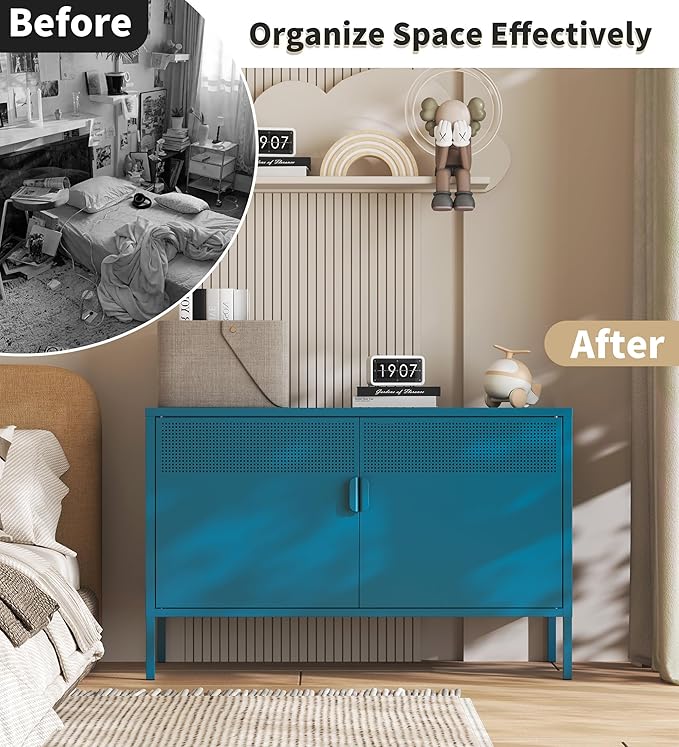 Blue Metal Storage Cabinet with 2 Doors - 25''H TV Stand, 2 Tier Locker with Adjustable Shelves,Multipurpose TV Cabinet for Office, Home, Living Room, Kitchen