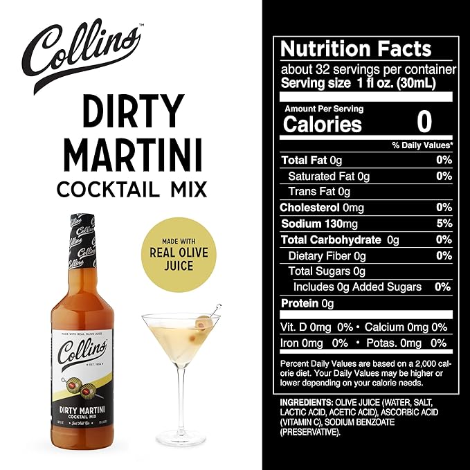 Collins Dirty Martini Mix, Made With Real Olive Brine for the Bold Flavor You Need, Classic Cocktail Recipe Ingredient, Bartender Mixer, Drinking Gifts, Home Cocktail bar, Set of 6 32 fl oz Bottles