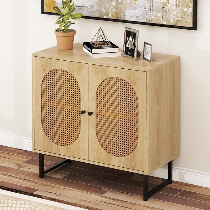 Giantex Rattan Sideboard Buffet Cabinet with Storage, Boho Sideboard with Doors & Adjustable Shelf, Small Accent Buffet Storage Cabinet with Metal Legs for Kitchen, Living Room, Entryway, Natural