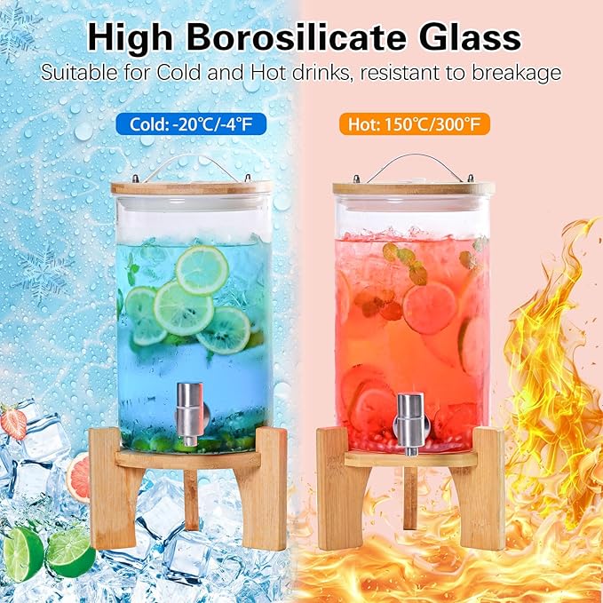 1.2 Gallon Large Glass Drink Dispenser For Parties, Beverage Dispenser with Bamboo Wood Stand and Stainless Steel Spigot, Juice, Lemonade, Water jug dispenser, Laundry Detergent Dispenser (2 PACK)