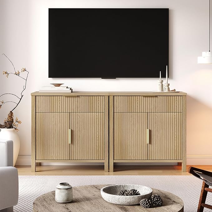 Fluted Buffet Cabinet with Drawers,32'' Sideboard Storage Cupboard Adjustable Shelves for Dinning Room, Kitchen, Living Room,Coffee Bar (32''-Wood)