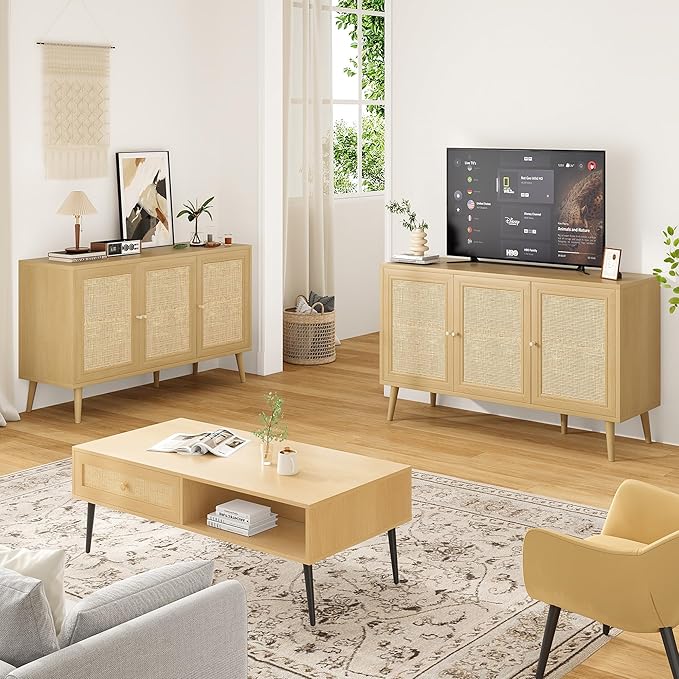 47.2" Buffet Cabinet with Storage Accent Sideboard, Modern Kitchen Cabinet with Rattan Doors, Wood Coffee Bar Table Console for Kitchen Living Room Entryway, Khaki