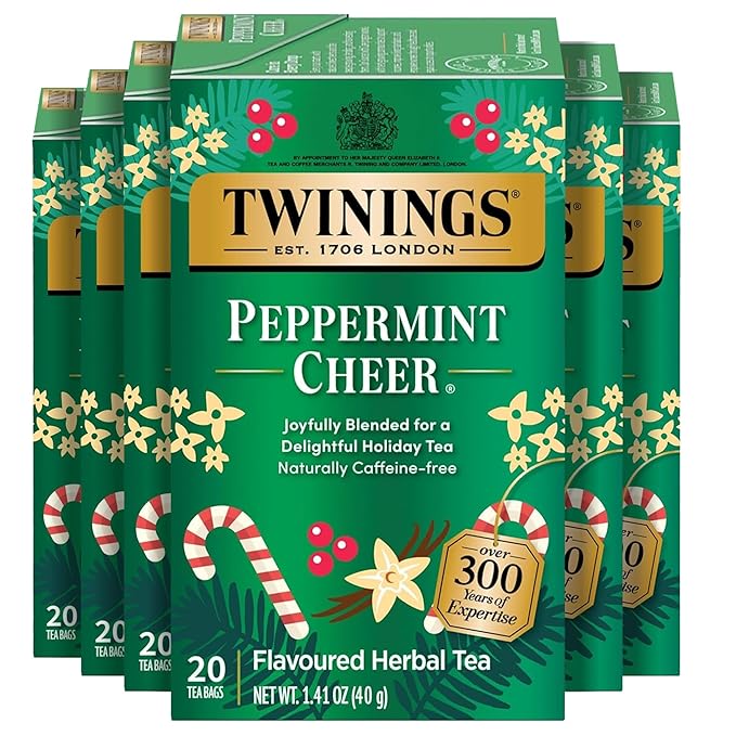 Twinings Peppermint Cheer Herbal Tea Individually Wrapped Bags, 20 Count (Pack of 6), Peppermint & Creamy Vanilla, Naturally Caffeine-Free, Enjoy Hot or Iced, 120 Teabags