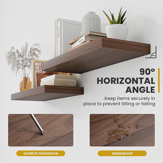 36 Inch Floating Shelves, 9.3" Deep Floating Shelf Wall Mounted, 36" Wall Shelves, Rustic Deep Bookshelf, Large Display Shelves & Storage Shelves for Bedroom, Living Room, Walnut, Set of 2