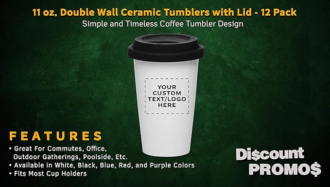 Personalized 11 oz. Double Wall Ceramic Tumblers with Lid - 12 Pack - Custom Text, Logo - Black
