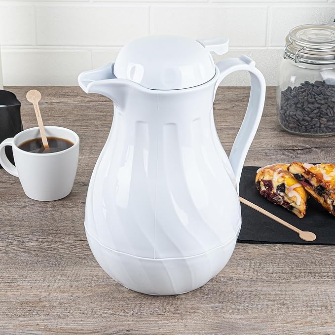 Restaurantware-Restpresso 64 Ounce Coffee Carafe, 1 Insulated Coffee Server - Push-Button Top, Swirl Design, White Plastic Pitcher, Built-In Handle, With Identification Tags