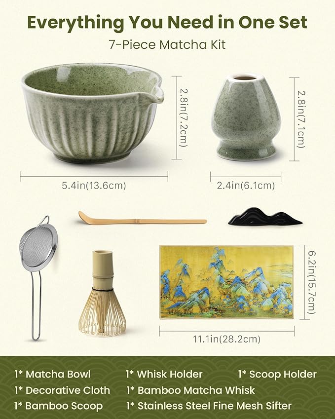 Handcrafted Matcha Kit, 7-Piece Green Tea Set, Includes Ceramic Bowl, Bamboo Whisk, Stainless Steel Sifter, Bamboo Scoop, Whisk Holder & Cotton Towel, Perfect for Tea Ceremony, Green Small Flower