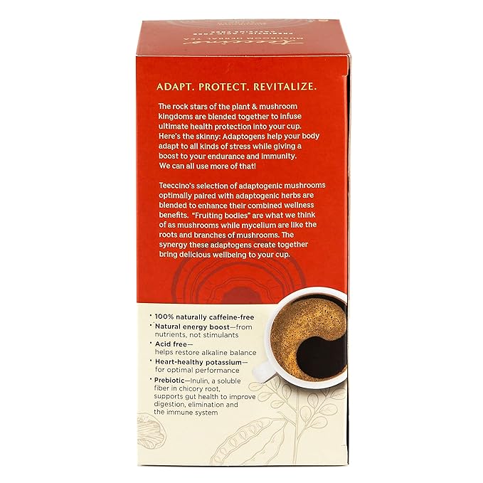 Teeccino Lion’s Mane Rhodiola Rose Mushroom Adaptogen Herbal Tea - Caffeine-Free, 3x More Herbs than Regular Tea Bags, Lightly Sweet from Dates & Figs, Prebiotic - 25 Tea Bags
