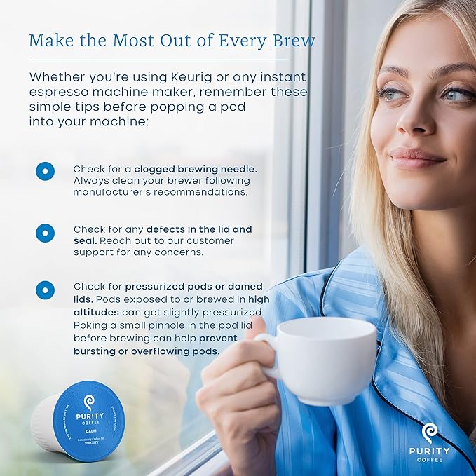 Purity Coffee CALM Decaf Medium Roast Organic Coffee - USDA Certified Organic Specialty Grade Arabica Single-Serve Coffee Pods - Third Party Tested for Mold, Mycotoxins & Pesticides - 12 ct Box