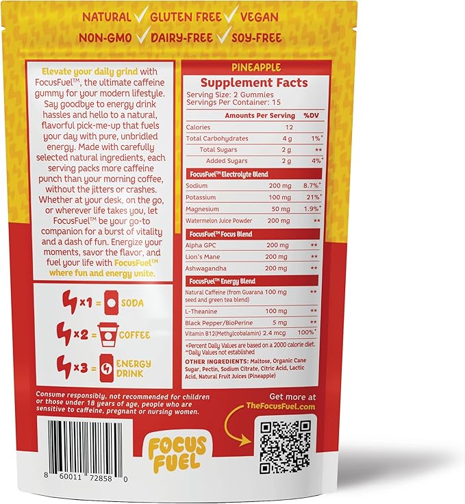 FocusFuel Energy Chews – Pineapple Flavor (15 Servings) – 100mg Caffeine + Alpha GPC + L-Theanine + B12, Magnesium – Tropical Energy Boost – No Crash or Jitters